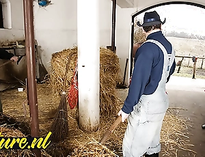 Hairy horse tamer replicate penetrated in horse stable be beneficial to her first time